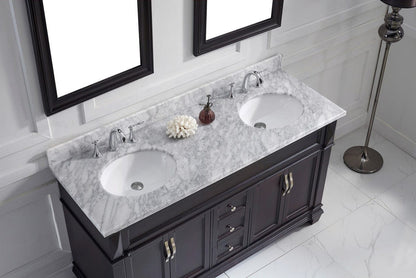 Virtu USA Victoria 60 Double Bathroom Vanity Set in Espresso w/ Italian Carrara White Marble Counter-Top | Round Basin