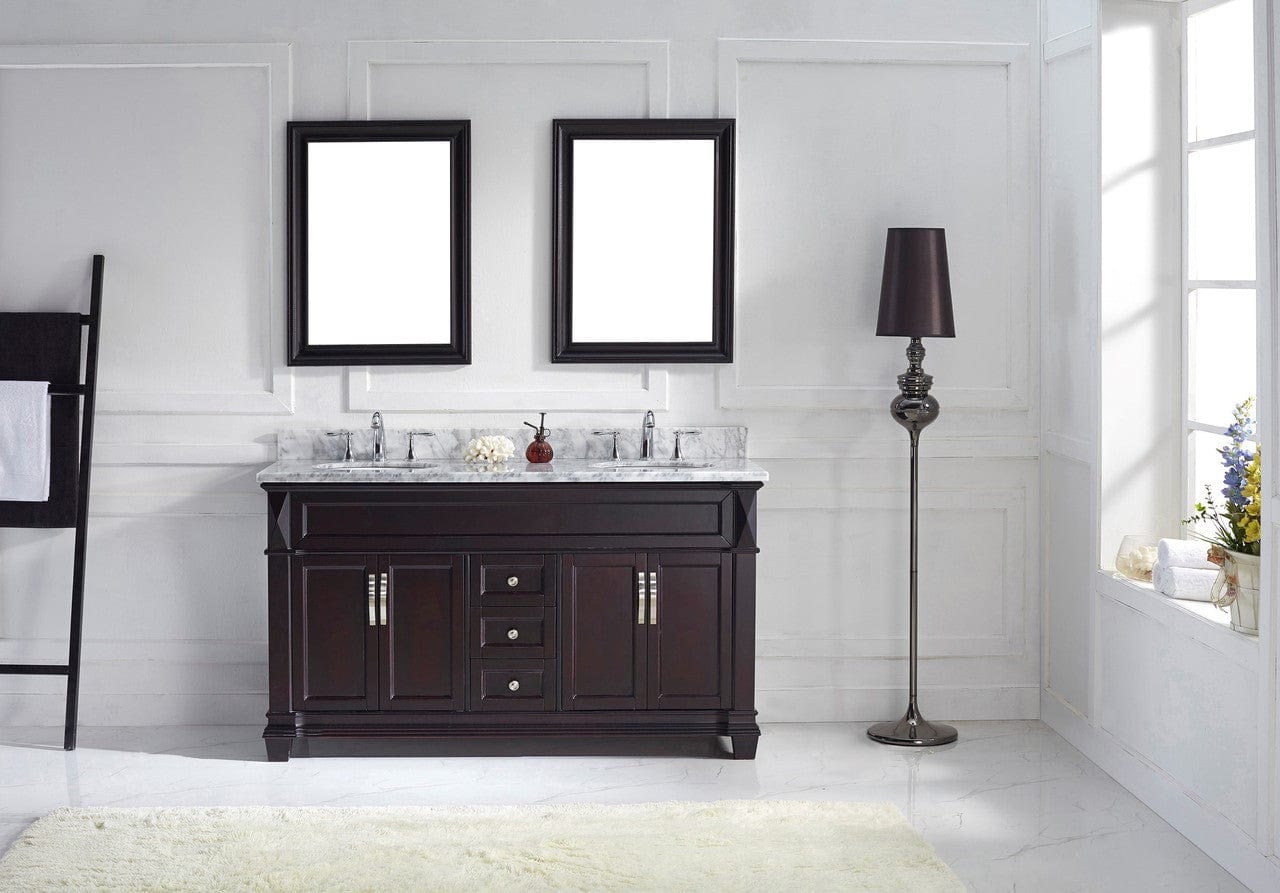 Virtu USA Victoria 60 Double Bathroom Vanity Set in Espresso w/ Italian Carrara White Marble Counter-Top | Round Basin