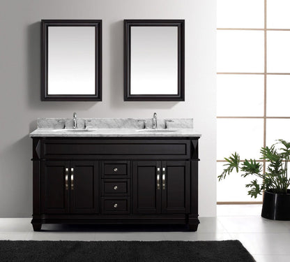 Virtu USA Victoria 60 Double Bathroom Vanity Set in Espresso w/ Italian Carrara White Marble Counter-Top | Round Basin