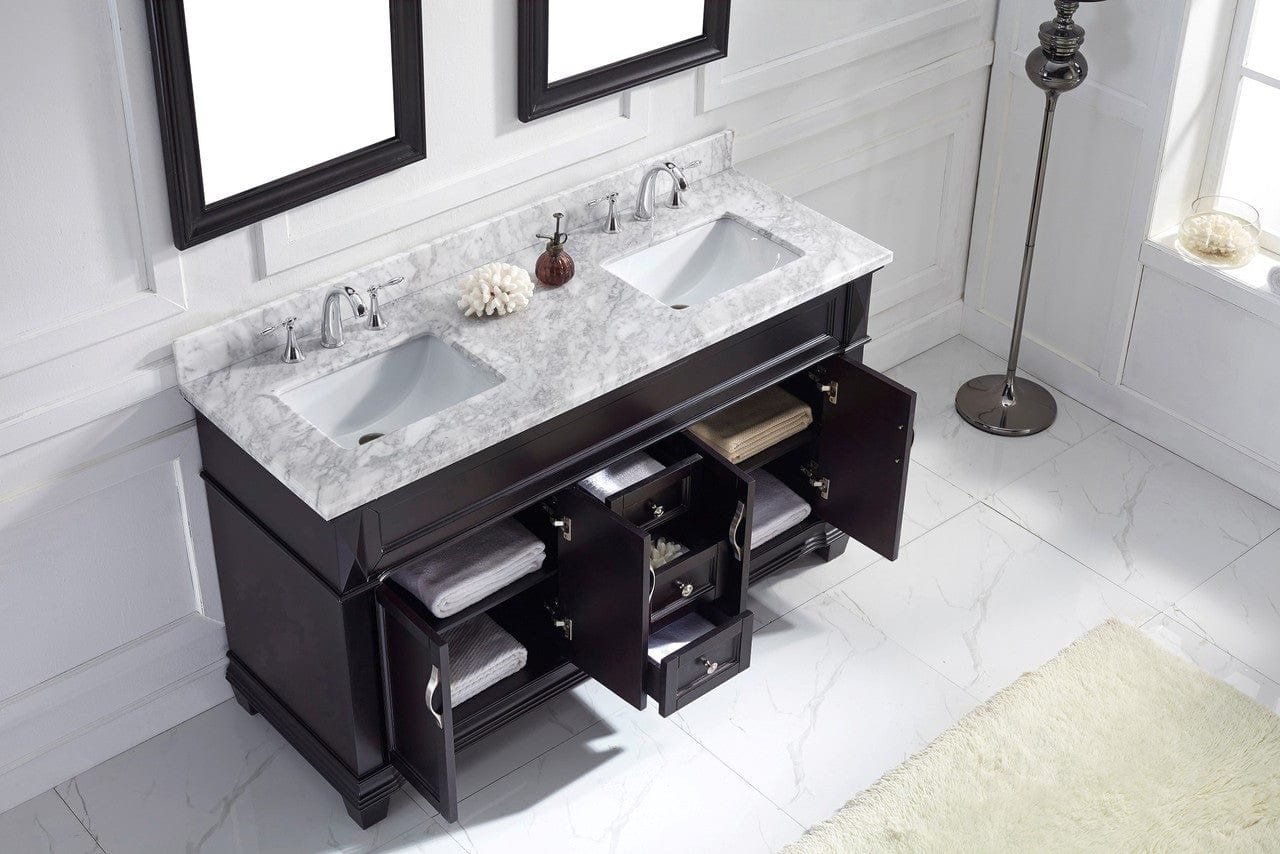 Virtu USA Victoria 60 Double Bathroom Vanity Set in Espresso w/ Italian Carrara White Marble Counter-Top | Square Basin