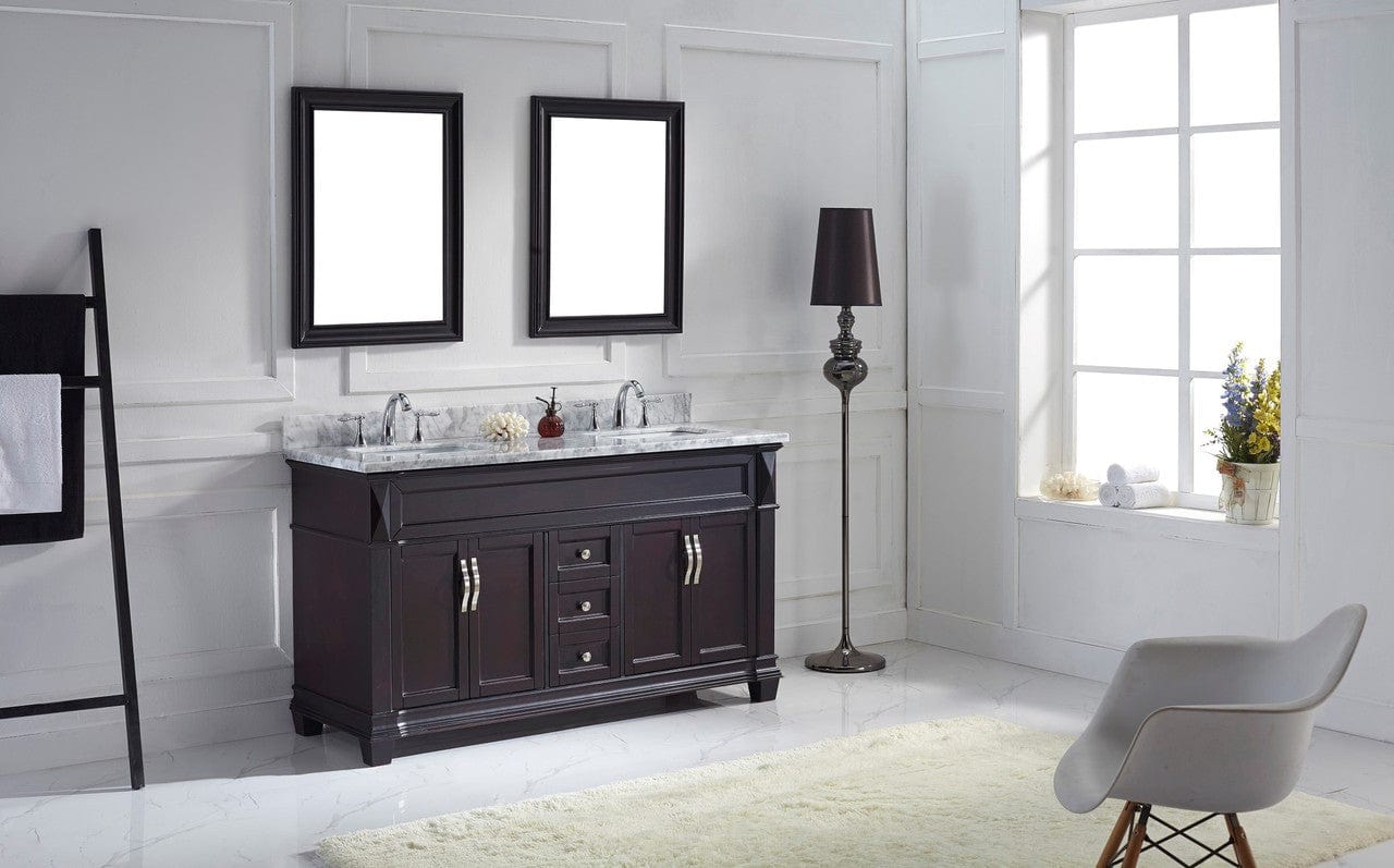 Virtu USA Victoria 60 Double Bathroom Vanity Set in Espresso w/ Italian Carrara White Marble Counter-Top | Square Basin