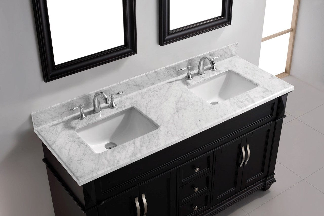 Virtu USA Victoria 60 Double Bathroom Vanity Set in Espresso w/ Italian Carrara White Marble Counter-Top | Square Basin