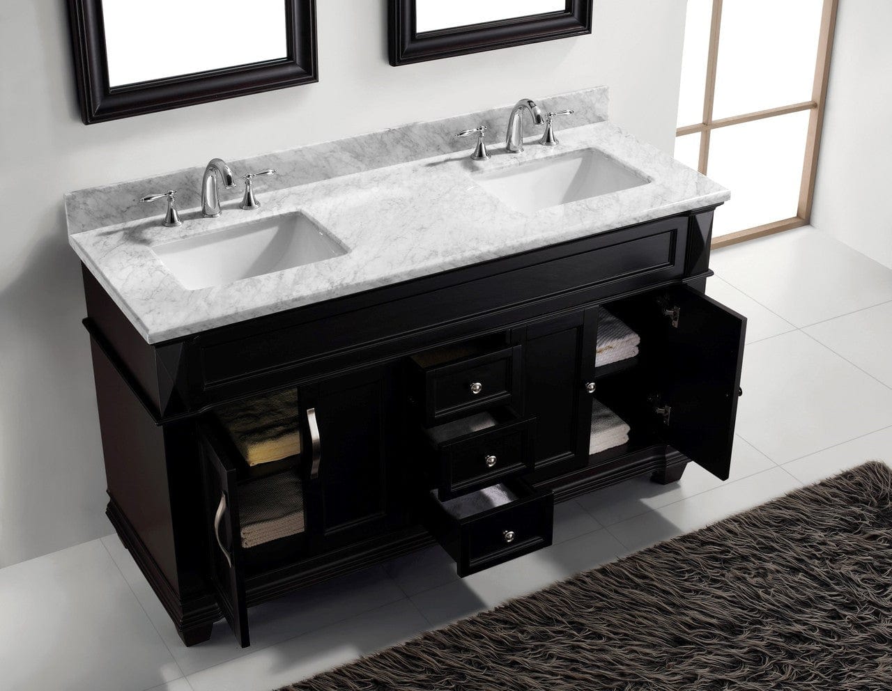 Virtu USA Victoria 60 Double Bathroom Vanity Set in Espresso w/ Italian Carrara White Marble Counter-Top | Square Basin