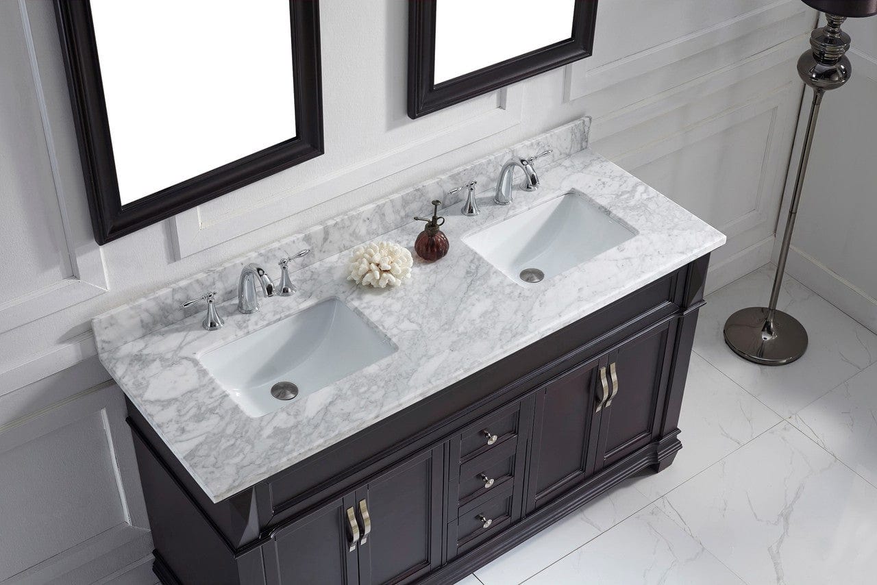 Virtu USA Victoria 60 Double Bathroom Vanity Set in Espresso w/ Italian Carrara White Marble Counter-Top | Square Basin