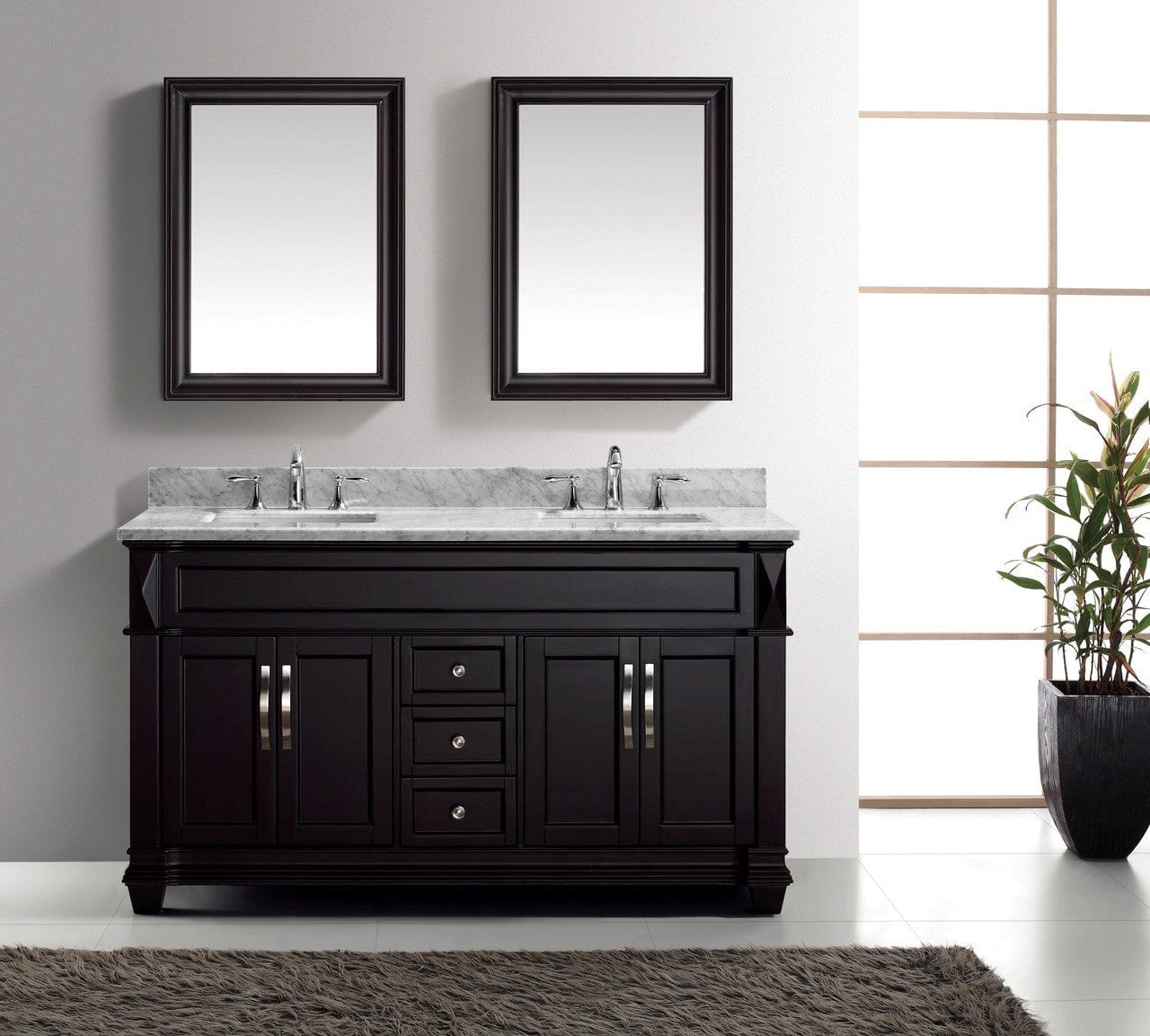 Virtu USA Victoria 60 Double Bathroom Vanity Set in Espresso w/ Italian Carrara White Marble Counter-Top | Square Basin