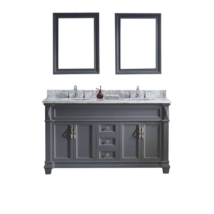 Virtu USA Victoria 60" Double Bathroom Vanity Set in Grey w/ Italian Carrara White Marble Counter-Top | Round Basin