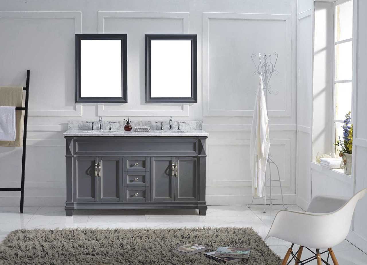 Virtu USA Victoria 60 Double Bathroom Vanity Set in Grey w/ Italian Carrara White Marble Counter-Top | Round Basin