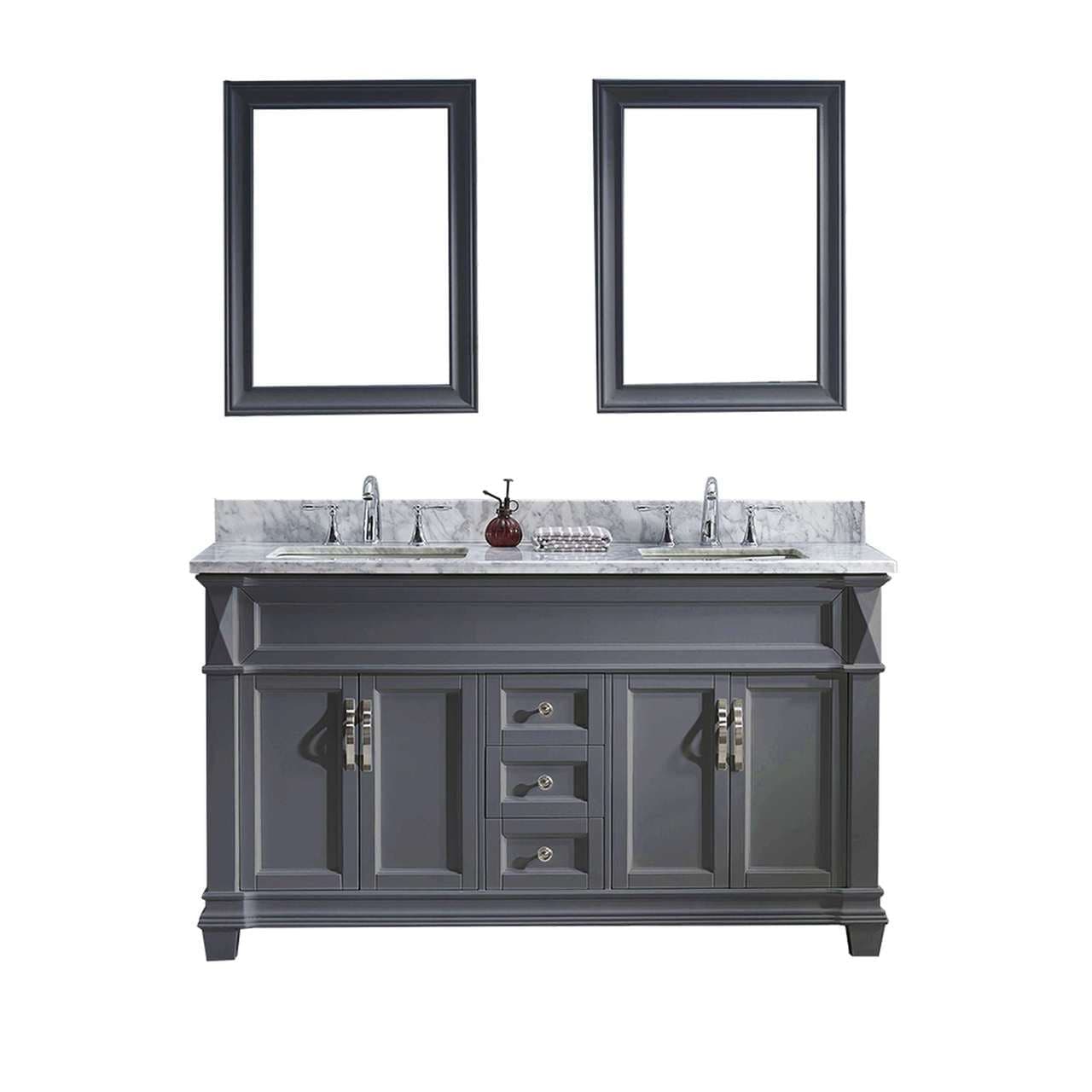 Virtu USA Victoria 60" Double Bathroom Vanity Set in Grey w/ Italian Carrara White Marble Counter-Top | Square Basin