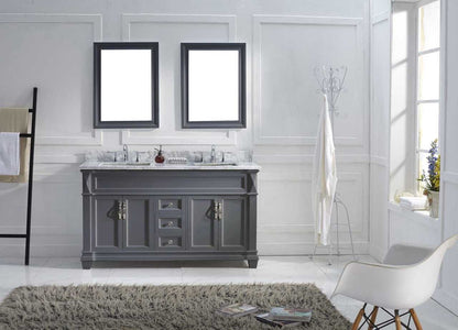 Virtu USA Victoria 60 Double Bathroom Vanity Set in Grey w/ Italian Carrara White Marble Counter-Top | Square Basin