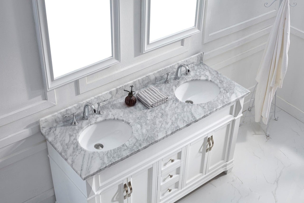 Virtu USA Victoria 60 Double Bathroom Vanity Set in White w/ Italian Carrara White Marble Counter-Top | Round Basin