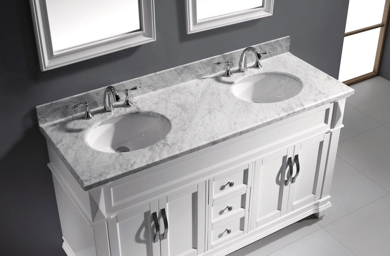 Virtu USA Victoria 60" Double Bathroom Vanity Cabinet Set in White w/ Italian Carrara White Marble Counter-Top, Round Basin