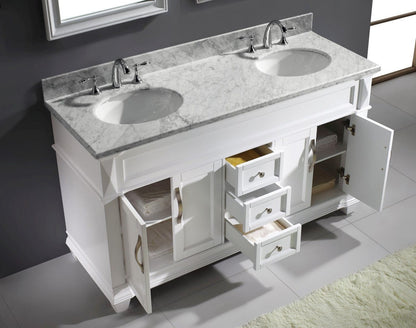 Virtu USA Victoria 60 Double Bathroom Vanity Set in White w/ Italian Carrara White Marble Counter-Top | Round Basin