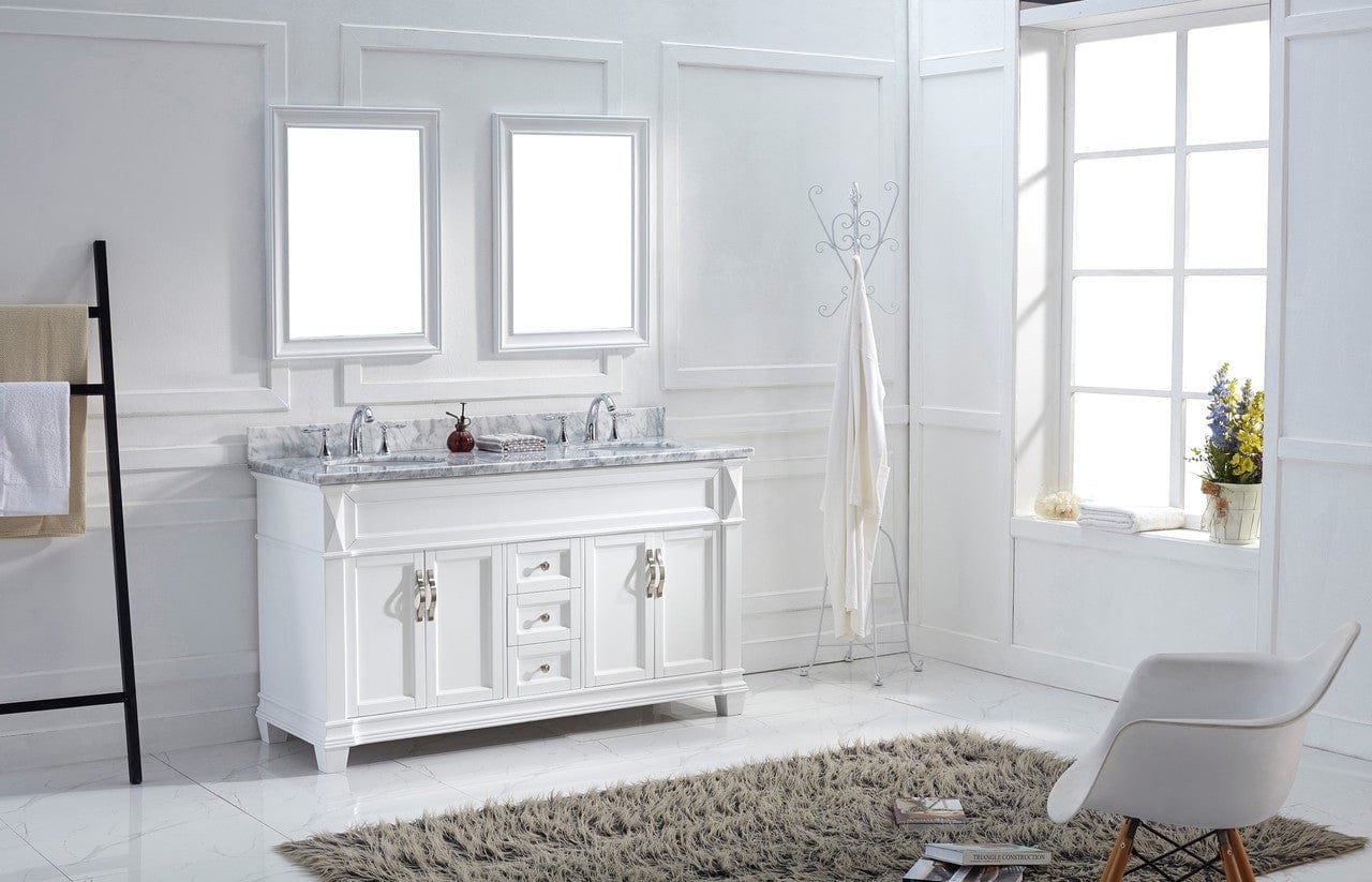 Virtu USA Victoria 60 Double Bathroom Vanity Set in White w/ Italian Carrara White Marble Counter-Top | Round Basin