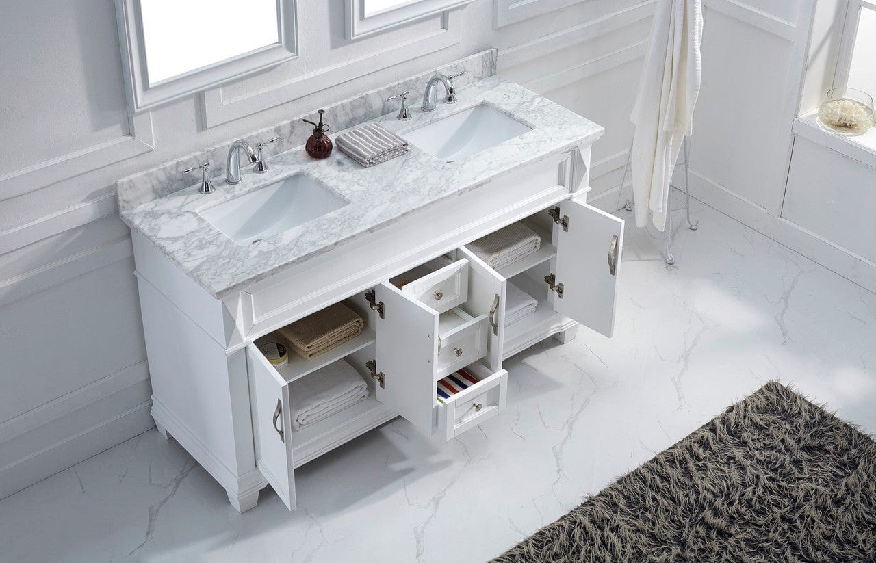 Virtu USA Victoria 60 Double Bathroom Vanity Set in White w/ Italian Carrara White Marble Counter-Top | Square Basin