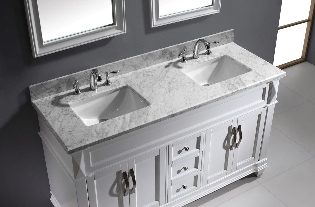 Virtu USA Victoria 60 Double Bathroom Vanity Set in White w/ Italian Carrara White Marble Counter-Top | Square Basin