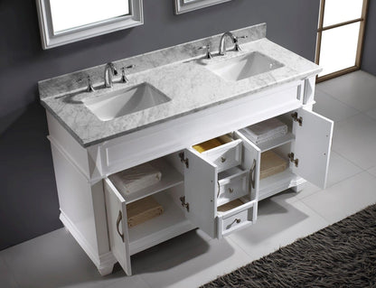 Virtu USA Victoria 60 Double Bathroom Vanity Set in White w/ Italian Carrara White Marble Counter-Top | Square Basin