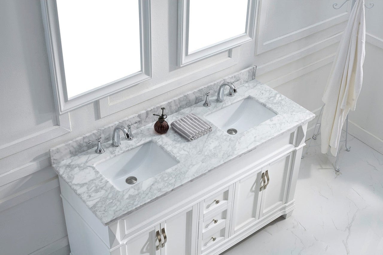 Virtu USA Victoria 60 Double Bathroom Vanity Set in White w/ Italian Carrara White Marble Counter-Top | Square Basin