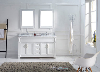 Virtu USA Victoria 60 Double Bathroom Vanity Set in White w/ Italian Carrara White Marble Counter-Top | Square Basin