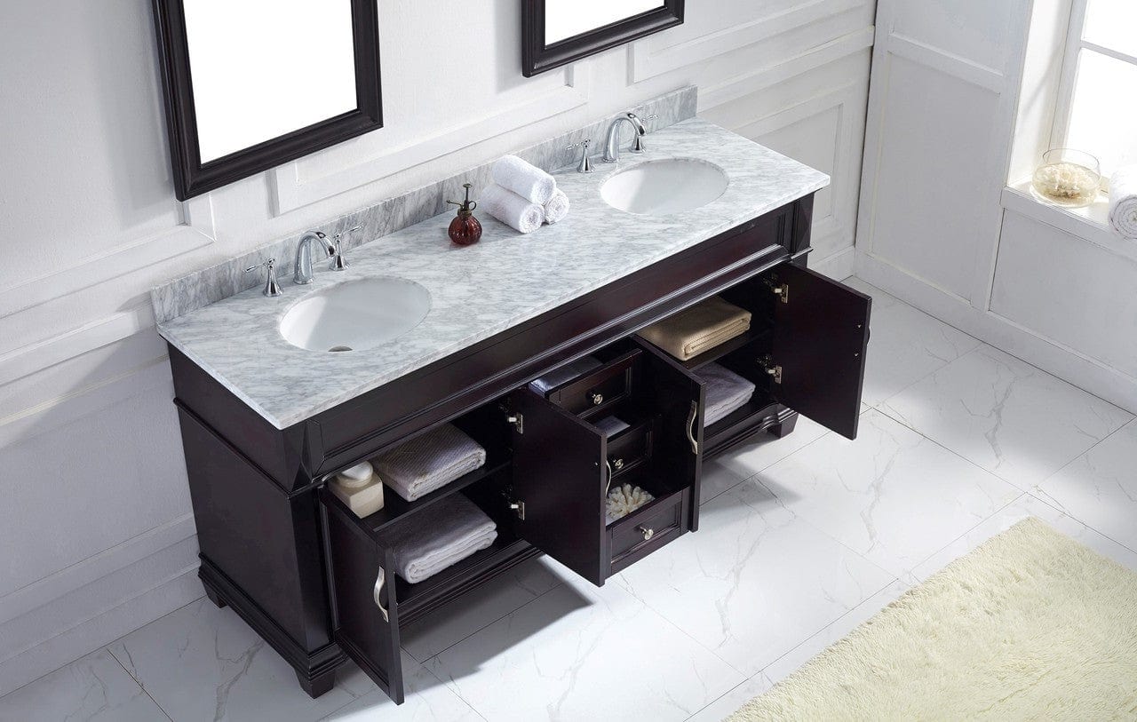 Virtu USA Victoria 72 Double Bathroom Vanity Set in Espresso w/ Italian Carrara White Marble Counter-Top | Round Basin