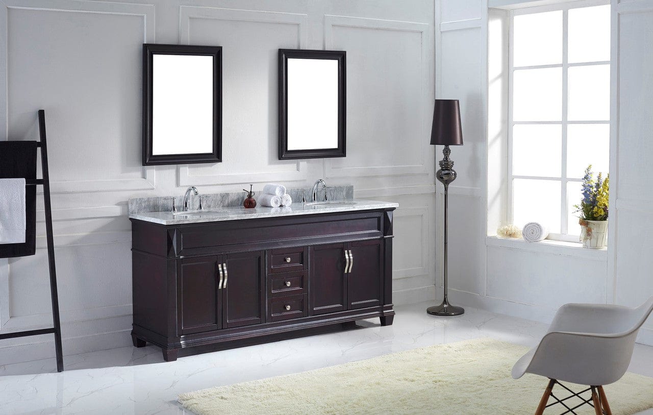 Virtu USA Victoria 72 Double Bathroom Vanity Set in Espresso w/ Italian Carrara White Marble Counter-Top | Round Basin