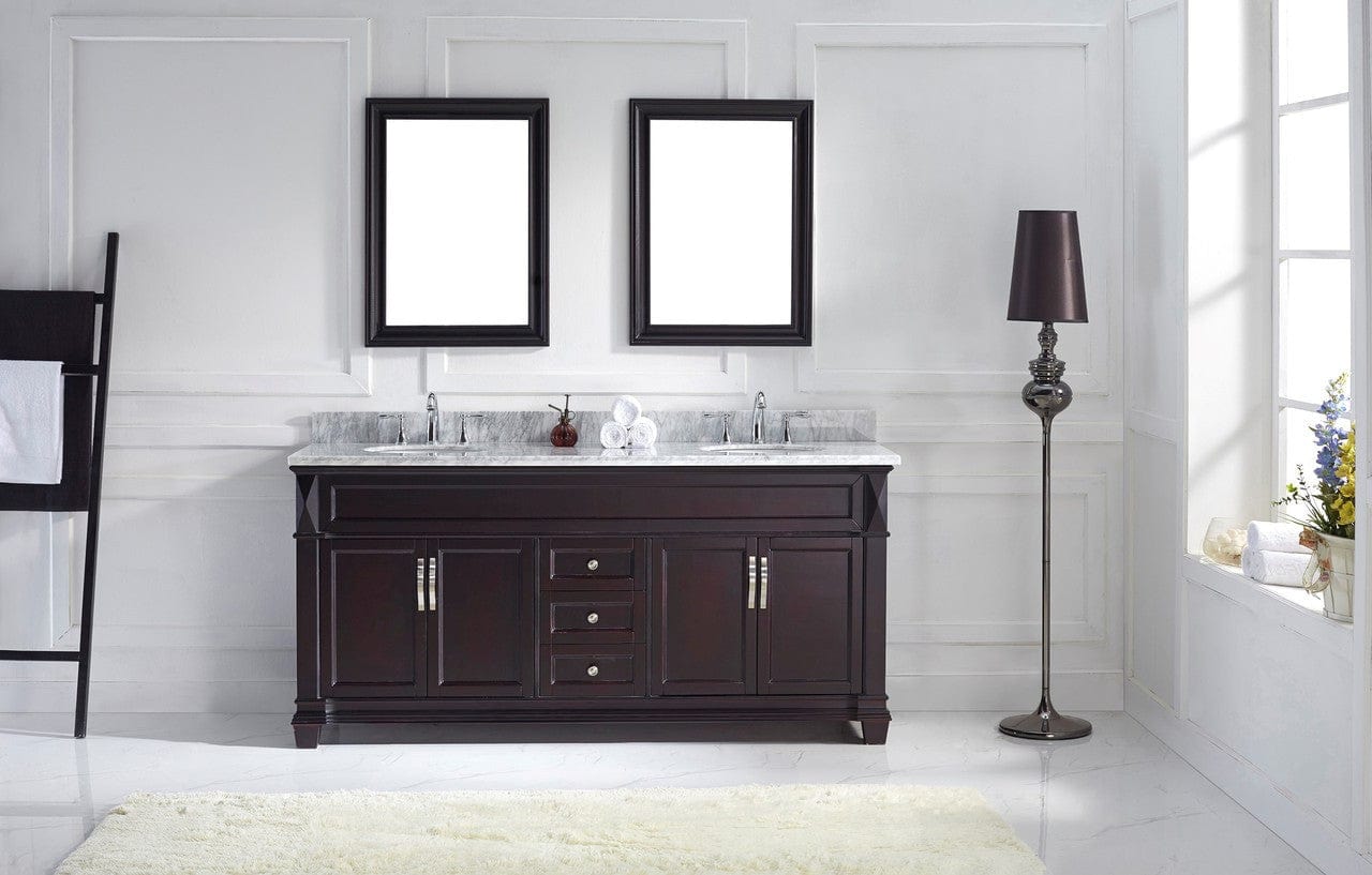 Virtu USA Victoria 72 Double Bathroom Vanity Set in Espresso w/ Italian Carrara White Marble Counter-Top | Round Basin