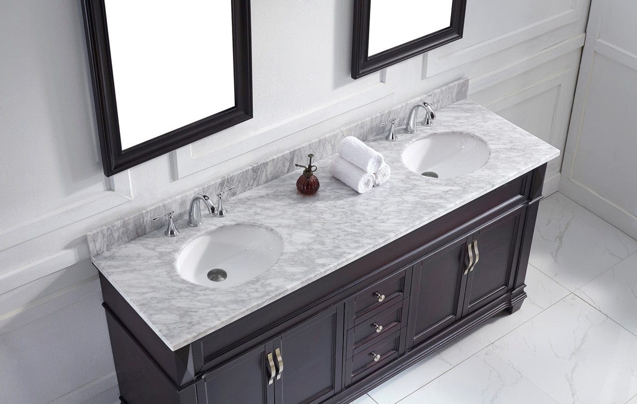 Virtu USA Victoria 72 Double Bathroom Vanity Set in Espresso w/ Italian Carrara White Marble Counter-Top | Round Basin