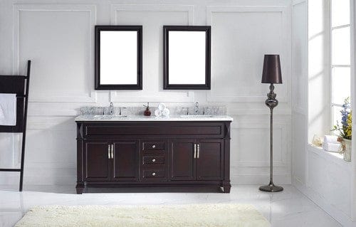 Virtu USA Victoria 72" Double Bathroom Vanity Cabinet Set in Espresso w/ Italian Carrara White Marble Counter-Top