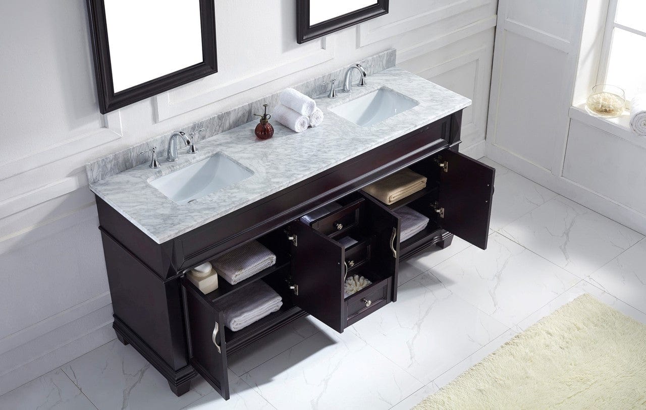 Virtu USA Victoria 72 Double Bathroom Vanity Set in Espresso w/ Italian Carrara White Marble Counter-Top | Square Basin