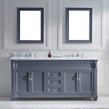 Virtu USA Victoria 72 Double Bathroom Vanity Set in Grey w/ Italian Carrara White Marble Counter-Top | Square Basin