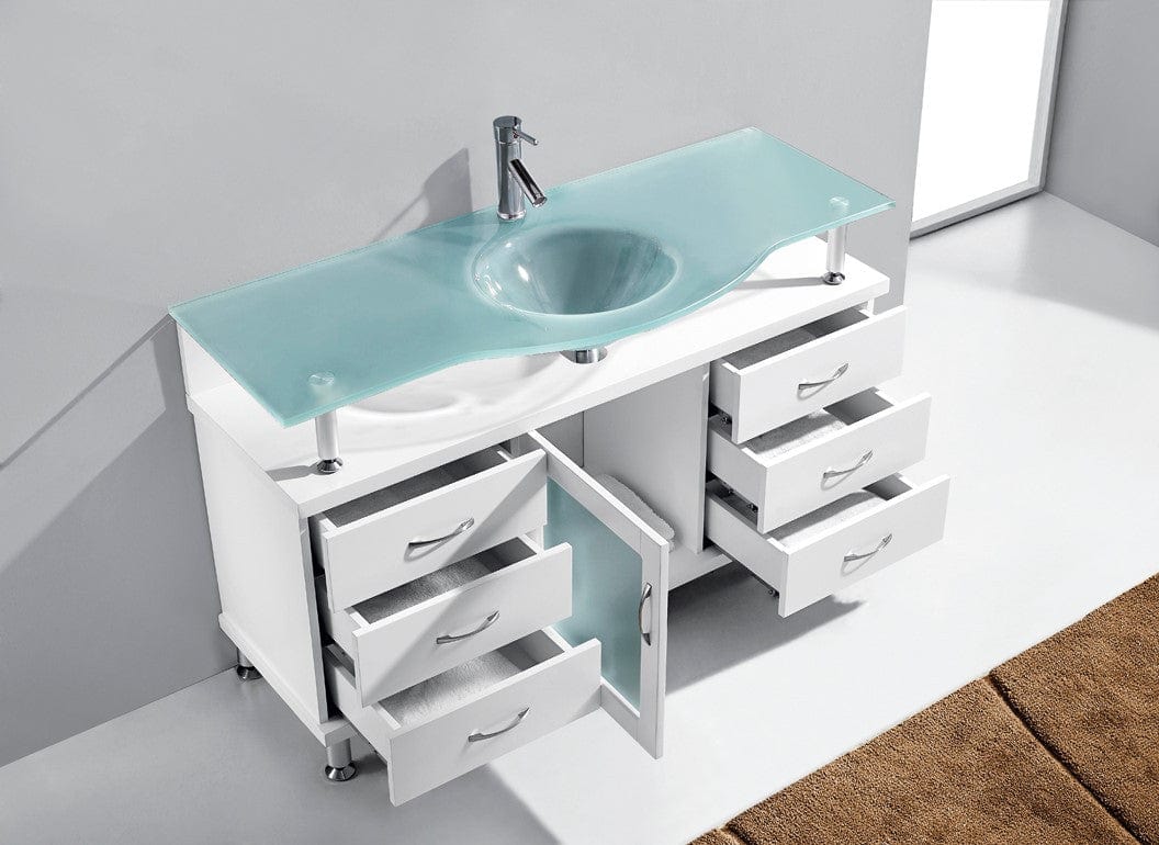 Virtu USA Vincente 55 Single Bathroom Vanity in White w/ Frosted Tempered Glass Counter-Top