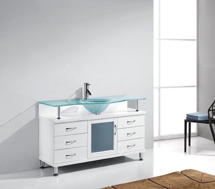 Virtu USA Vincente 55 Single Bathroom Vanity in White w/ Frosted Tempered Glass Counter-Top