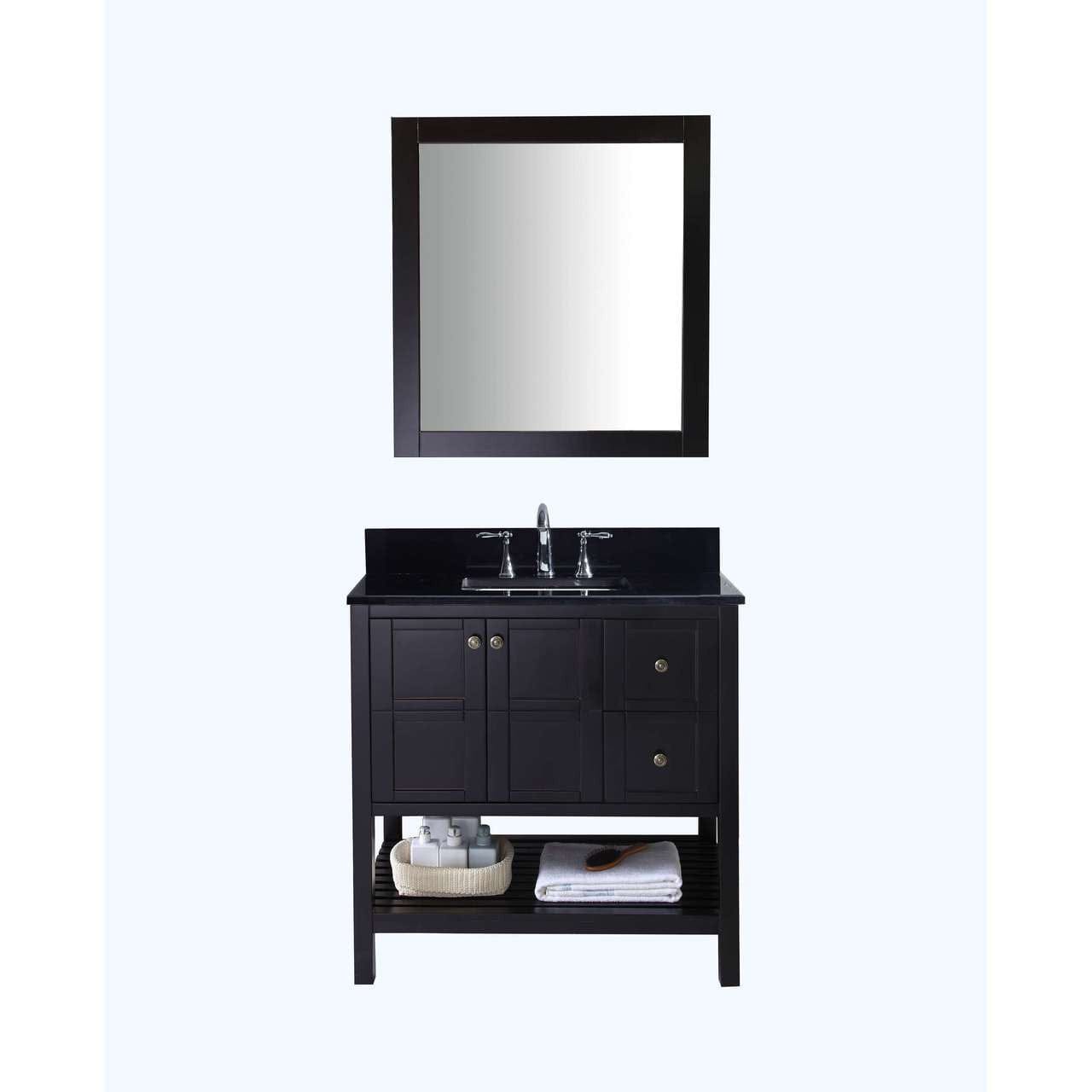 Virtu USA Winterfell 36" Single Bathroom Vanity Set in Espresso w/ Black Galaxy Granite Counter-Top | Square Basin