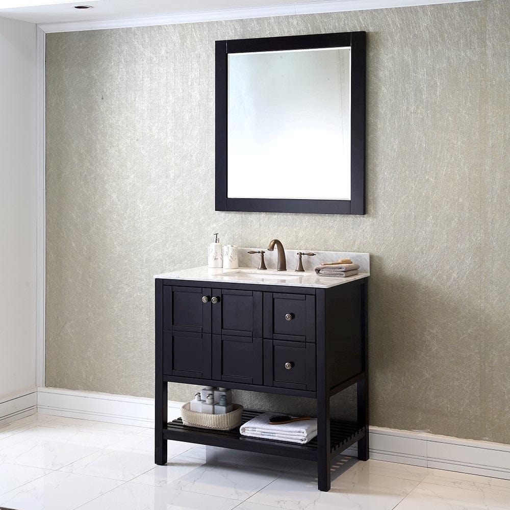 Virtu USA Winterfell 36 Single Bathroom Vanity Set in Espresso w/ Italian Carrara White Marble Counter-Top | Square Basin