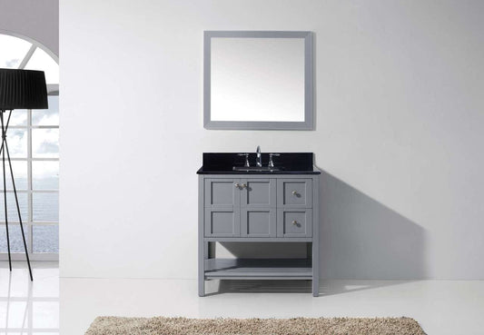 Virtu USA Winterfell 36 Single Bathroom Vanity Set in Grey w/ Black Galaxy Granite Counter-Top | Square Basin