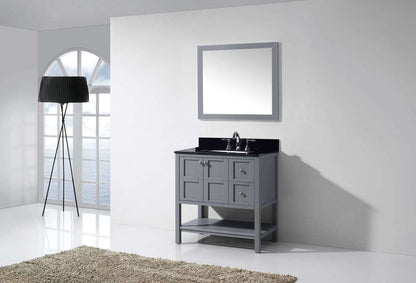 Virtu USA Winterfell 36 Single Bathroom Vanity Set in Grey w/ Black Galaxy Granite Counter-Top | Square Basin