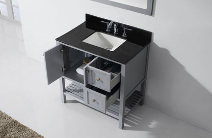 Virtu USA Winterfell 36 Single Bathroom Vanity Set in Grey w/ Black Galaxy Granite Counter-Top | Square Basin