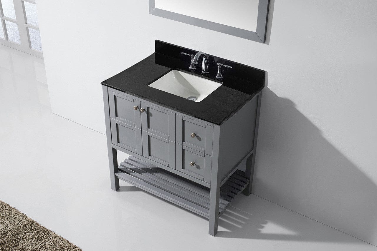 Virtu USA Winterfell 36 Single Bathroom Vanity Set in Grey w/ Black Galaxy Granite Counter-Top | Square Basin