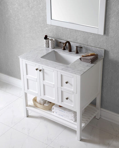 Virtu USA Winterfell 36 Single Bathroom Vanity Set in White w/ Italian Carrara White Marble Counter-Top | Square Basin