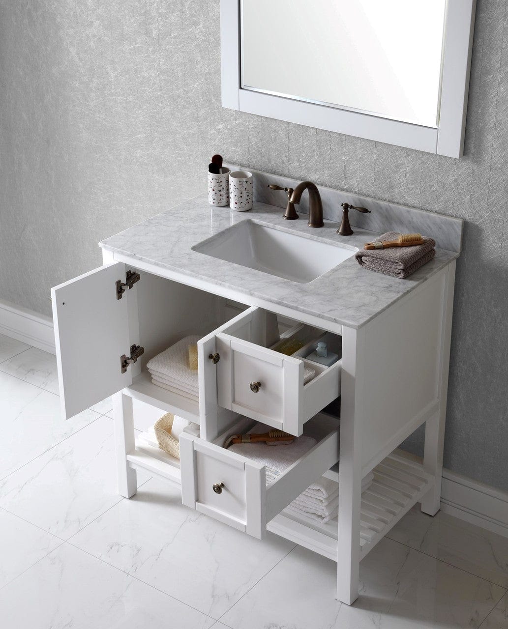 Virtu USA Winterfell 36 Single Bathroom Vanity Set in White w/ Italian Carrara White Marble Counter-Top | Square Basin