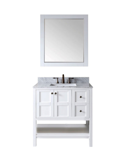 Virtu USA Winterfell 36" Single Bathroom Vanity Set in White w/ Italian Carrara White Marble Counter-Top | Square Basin