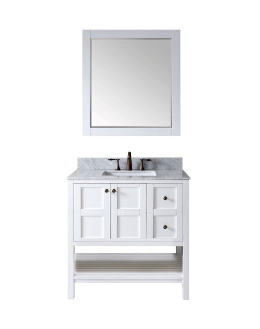 Virtu USA Winterfell 36" Single Bathroom Vanity Set in White w/ Italian Carrara White Marble Counter-Top | Square Basin