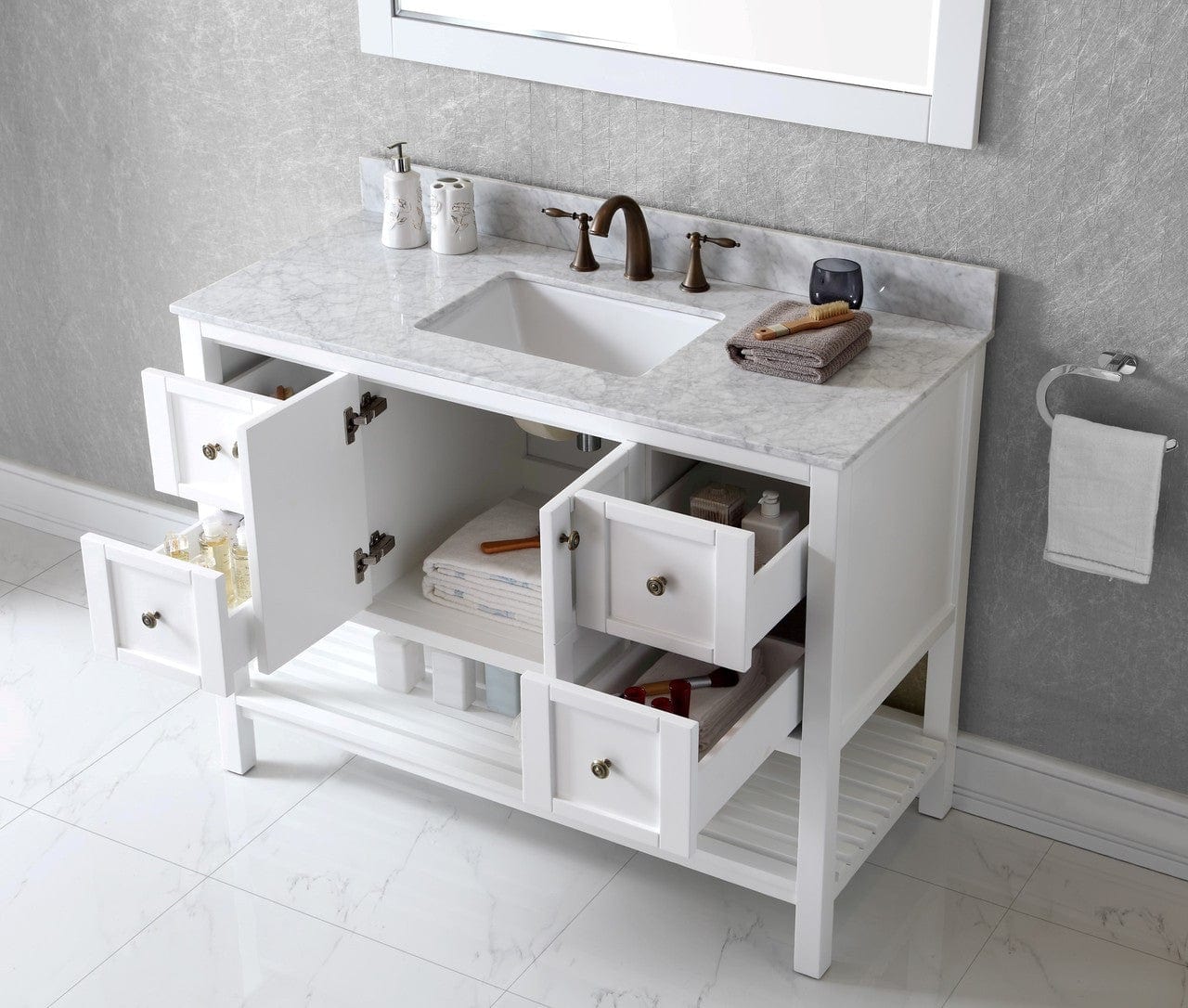 Virtu USA Winterfell 48 Single Bathroom Vanity Set in White w/ Italian Carrara White Marble Counter-Top | Square Basin