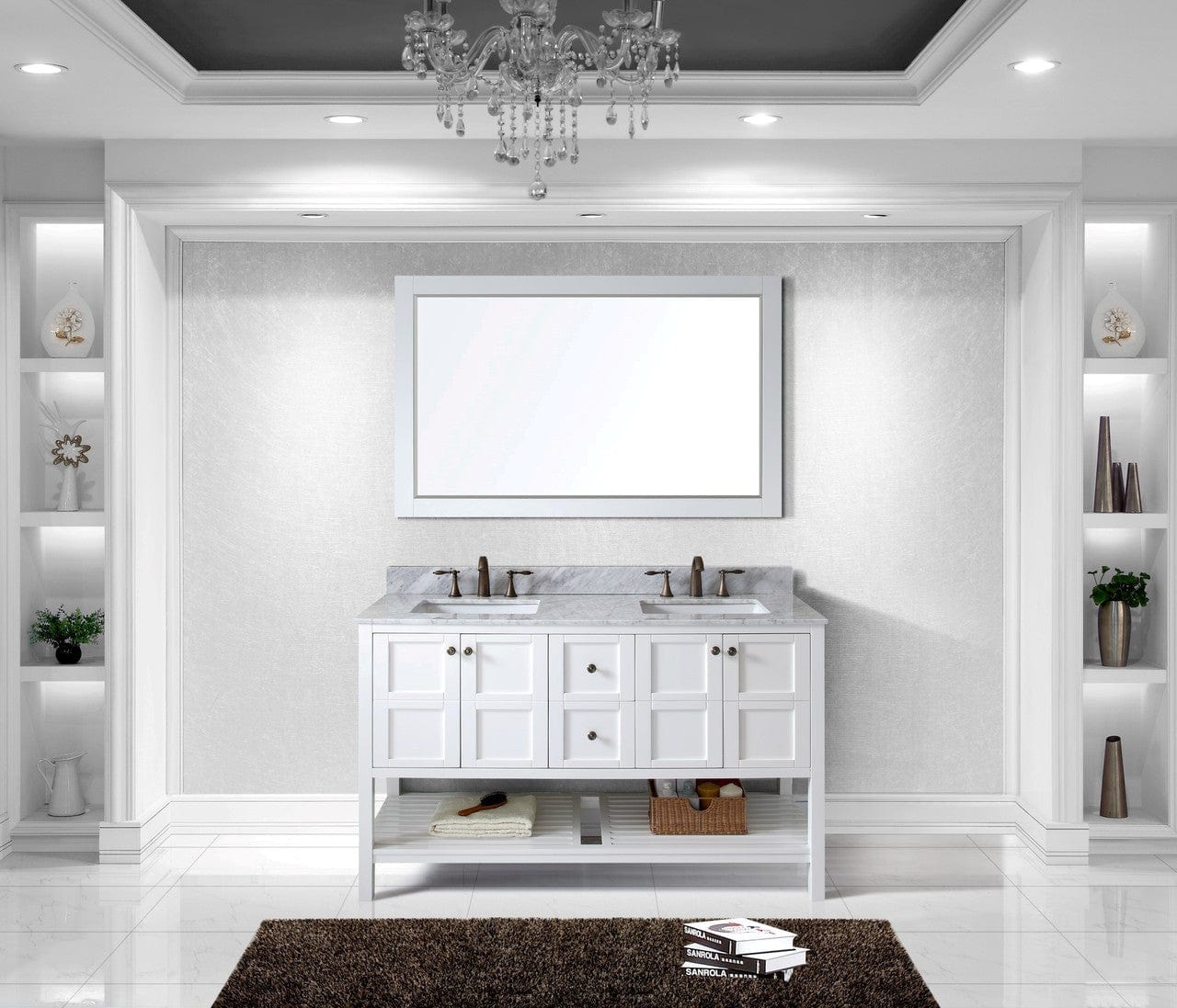 Virtu USA Winterfell 60 Double Bathroom Vanity Set in White w/ Italian Carrara White Marble Counter-Top | Square Basin
