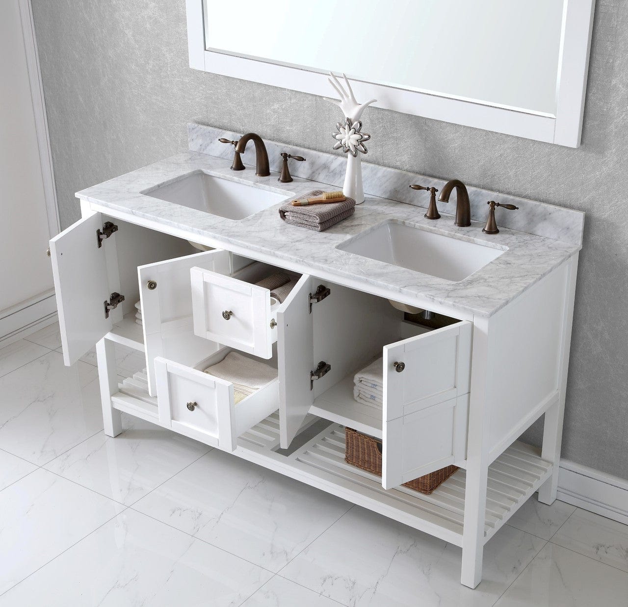 Virtu USA Winterfell 60 Double Bathroom Vanity Set in White w/ Italian Carrara White Marble Counter-Top | Square Basin