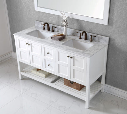 Virtu USA Winterfell 60 Double Bathroom Vanity Set in White w/ Italian Carrara White Marble Counter-Top | Square Basin