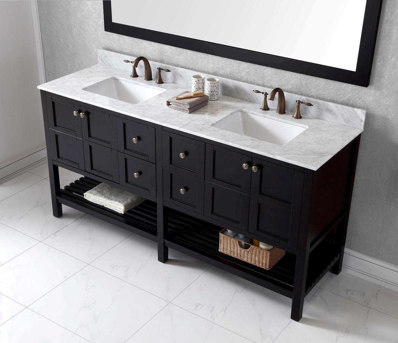 Virtu USA Winterfell 72 Double Bathroom Vanity Set in Espresso w/ Italian Carrara White Marble Counter-Top | Square Basin