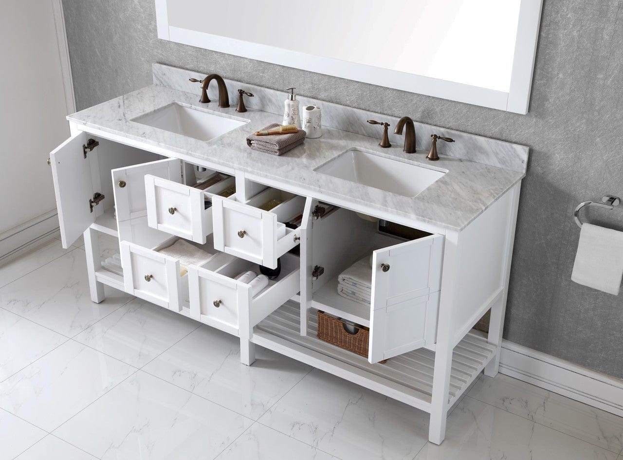 Virtu USA Winterfell 72 Double Bathroom Vanity Set in White w/ Italian Carrara White Marble Counter-Top | Square Basin