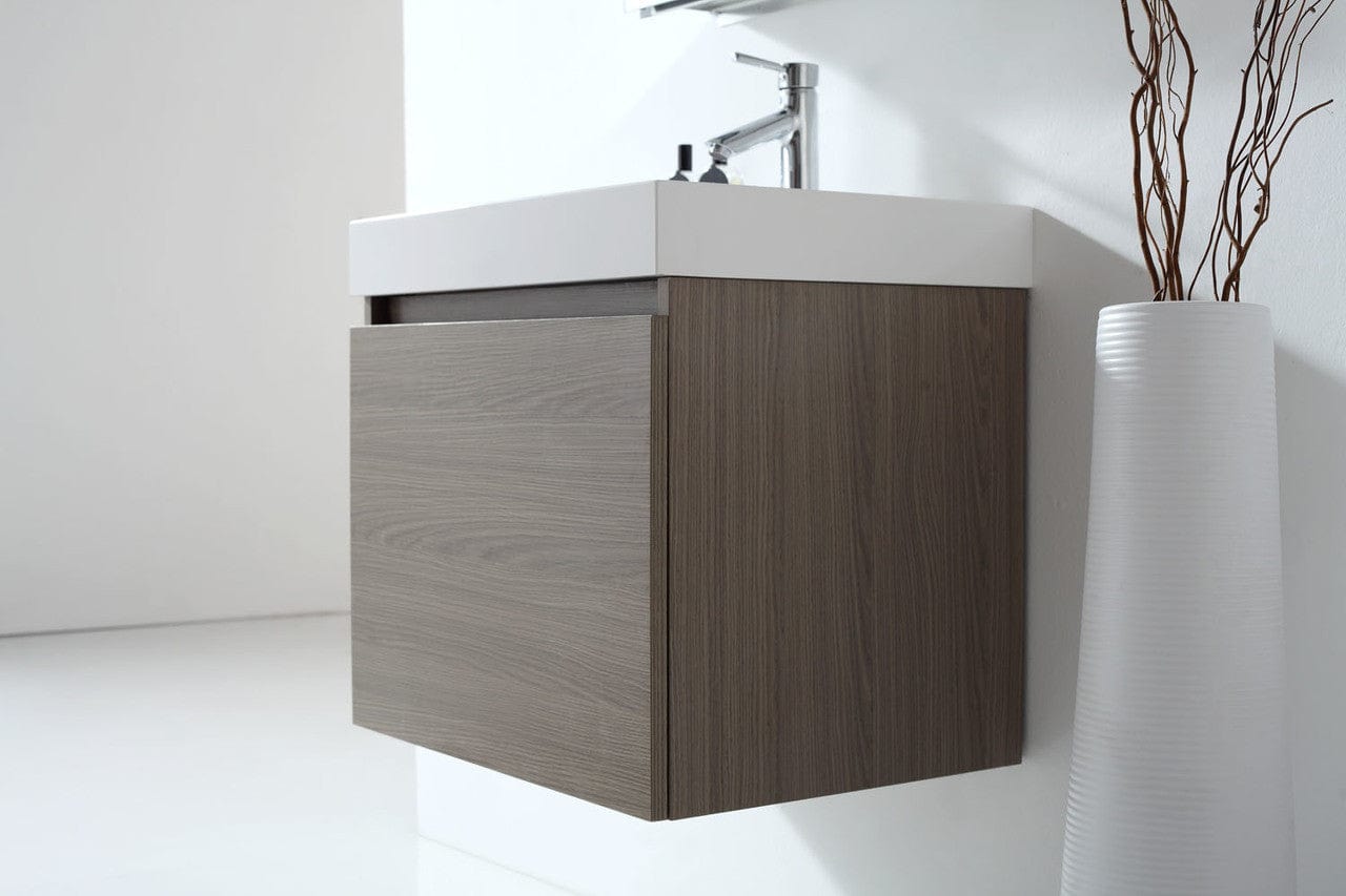 Virtu USA Zuri 24 Single Square Sink Grey Oak Top Vanity in Grey Oak w/ Polished Chrome Faucet & Mirror