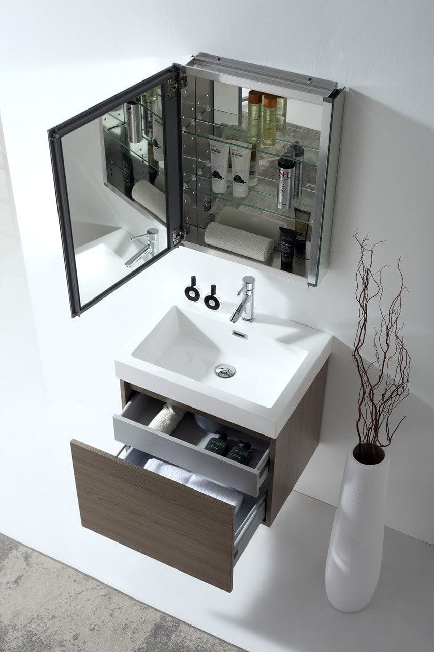 Virtu USA Zuri 24 Single Square Sink Grey Oak Top Vanity in Grey Oak w/ Polished Chrome Faucet & Mirror