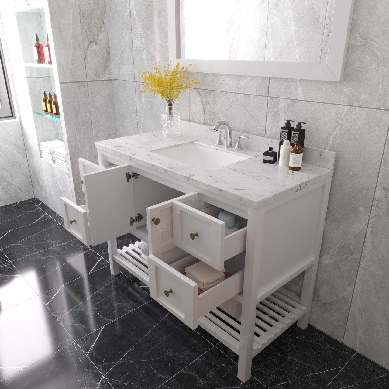 Winterfell 48" Bath Vanity in White with Cultured Marble Quartz Top and Sink by Virtu USA drawers open